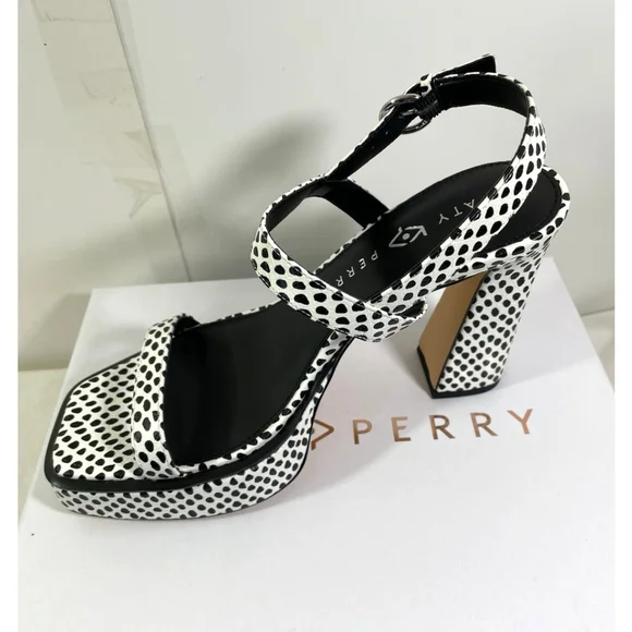 NIB Katy Perry The Steady Sandal Womens 9M Black White Chunky Heels Platform - Picture 3 of 6